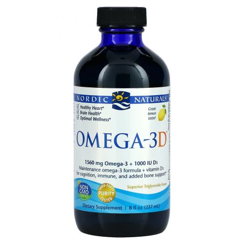 Nordic Naturals, Омега-3D, очищенный рыбий жир с витамином D3, лимонный, 8 жидких унций (237 мл)