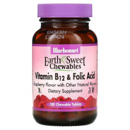 Bluebonnet Nutrition, EarthSweet, витамин B-12 и фолиевая кислота, натуральный малиновый ароматизатор, 180 жевательных таблеток
