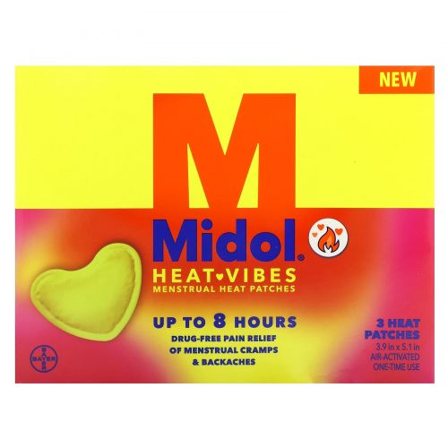 Midol, Heat Vibes, менструальные теплые пластыри, 3 тепловых пластыря