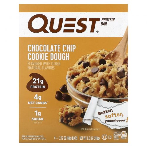 Quest Nutrition, Протеиновый батончик, тесто с шоколадной крошкой, 4 батончика, 60 г (2,12 унции)
