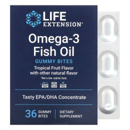 Life Extension, омега-3, жевательные таблетки с рыбьим жиром, тропические фрукты, 36 жевательных таблеток