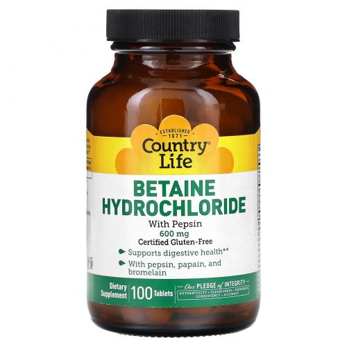 Country Life, Бетаина гидрохлорид с пепсином, 600 мг, 100 таблеток