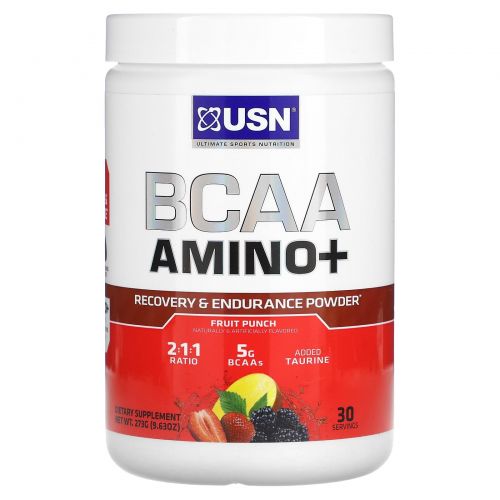 USN, BCAA Amino +, порошок для восстановления и выносливости, фруктовый пунш, 273 г (9,63 унции)