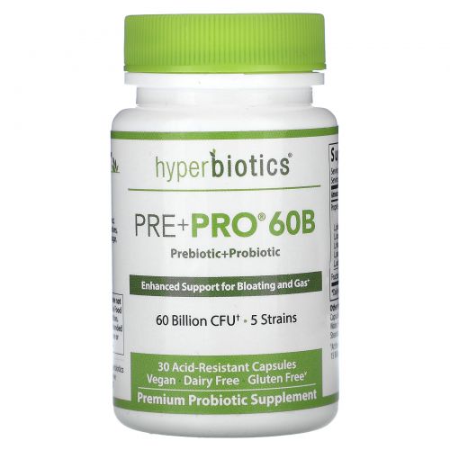 Hyperbiotics, Pre + Pro 60B, 60 млрд КОЕ, 30 кислотостойких капсул