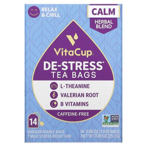 VitaCup, De-Stress Tea, без кофеина, 14 пакетиков по 1,8 г (0,06 унции)