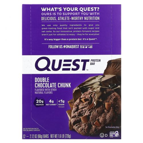 Quest Nutrition, QuestBar, Protein Bar, Double Chocolate Chunk, 12 Bars, 2.1 oz (60 g) Each