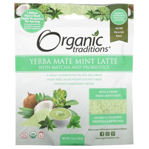 Organic Traditions, Yerba Mate Mint Latte with Matcha and Probiotics, 5.3 oz (150 g)