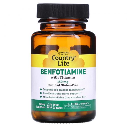 Country Life, Бенфотиамин, с коферментом B1, 150 мг, 60 растительных капсул