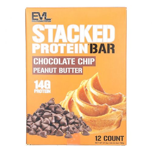 EVLution Nutrition, протеиновый батончик, со вкусом арахисовой пасты с шоколадной крошкой, 12 шт. по 65 г (2,29 унции)