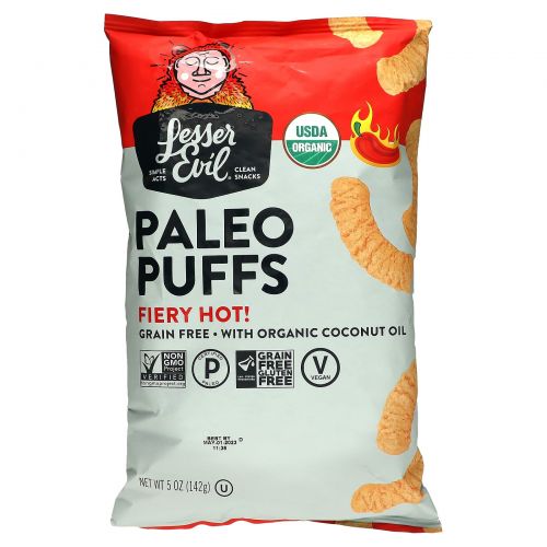 LesserEvil, Paleo Puffs, Fiery Hot, 142 г (5 унций)