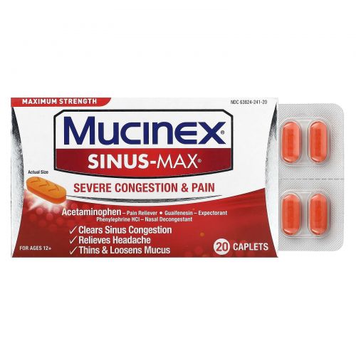 Mucinex, Sinus-Max, сильная заложенность носа и боль, максимальная сила действия, для детей от 12 лет, 20 капсул