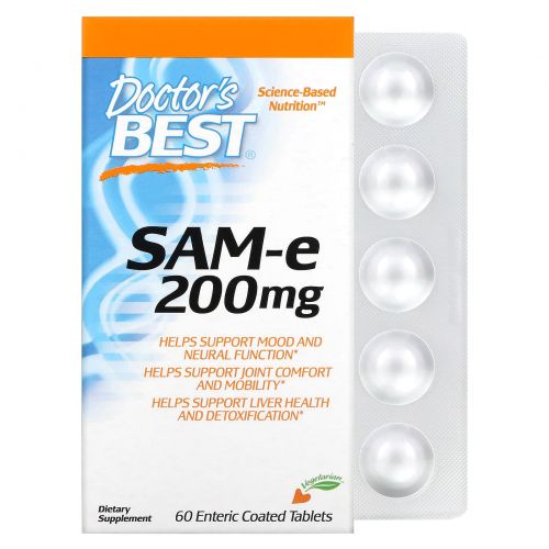 Doctor's Best, SAM-e (S-Adenosyl-L-Methionine)200, 60 таблеток в кишечнорастворимой оболочке