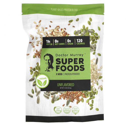 Dr. Murray's, Super Foods, 3 Seed Vegan Protein Powder, Unflavored, 16 oz (453.5 g)