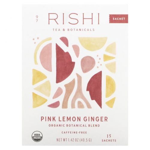 Rishi Tea, Органическая растительная смесь, розовый лимон и имбирь, без кофеина, 15 пакетиков, 45 г (1,58 унции)