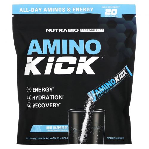 Nutrabio Labs, Amino Kick, голубая малина, 20 пакетиков по 9 г (0,32 унции)