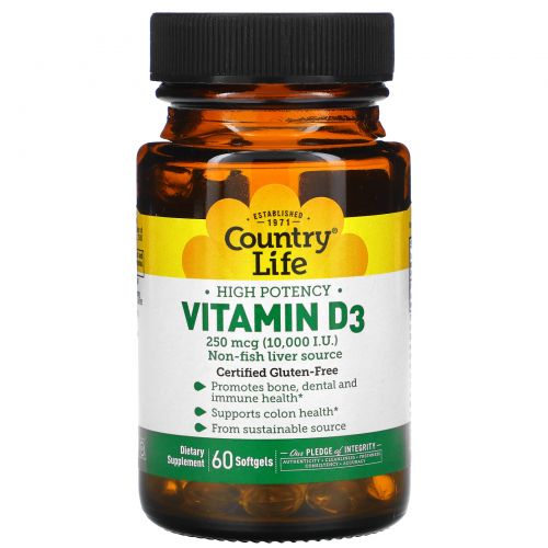 Country Life, Витамин D3, высокоэффективный, 10000 МЕ, 60 таблеток