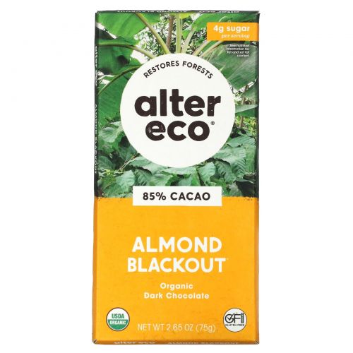 Alter Eco, органический темный шоколад, миндаль, 85% какао, 75 г (2,65 унции)