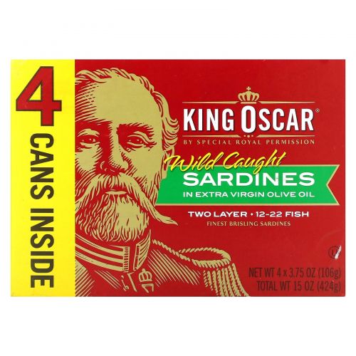 King Oscar, сардины дикого улова, в нерафинированном оливковом масле высшего качества, 4 банки по 106 г (3,75 унции)