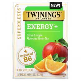 Twinings, Superblends, Energy с витамином B6, зеленый чай с цитрусовыми и яблоками, 16 чайных пакетиков, 29 г (1,02 унции)