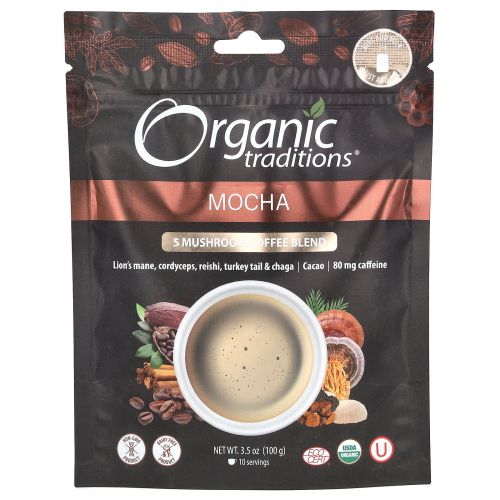 Organic Traditions, Смесь 5 грибов и кофе, мокко, 100 г (3,5 унции)