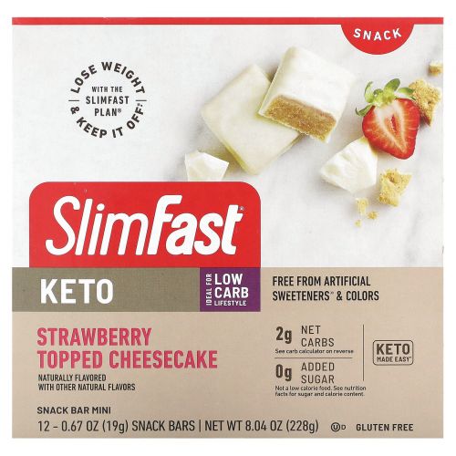SlimFast, Keto Snack Bar Mini, чизкейк с клубникой, 12 пакетиков, 19 г (0,6 унции)