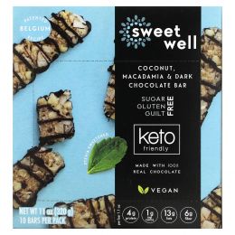 Sweetwell, Keto Bar, кокос, макадамия и темный шоколад, 10 батончиков по 32 г (1,1 унции)