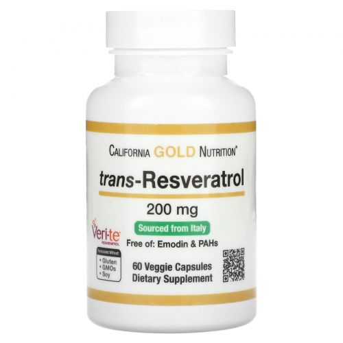 California Gold Nutrition, Транс-ресвератрол, 98% чистый, 200 мг, 60 вегетарианских капсул
