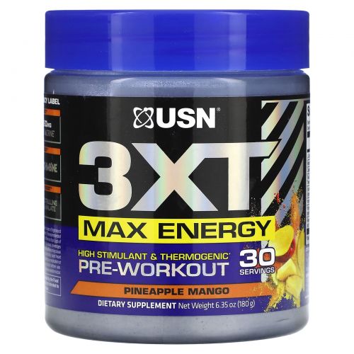 USN, 3XT Max Energy, предтренировочный комплекс с высоким стимулятором и термогенным действием, ананас и манго, 180 г (6,35 унции)