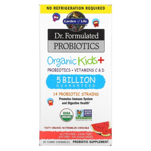 Garden of Life, Dr. Formulated Probiotics, Organic Kids+, Probiotics + Vitamins C & D, 5 Billion, Tasty Organic Watermelon, 30 Yummy Chewables