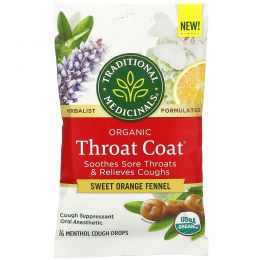 Traditional Medicinals, Organic Throat Coat Drops, Sweet Orange Fennel, 16 Menthol Cough Drops