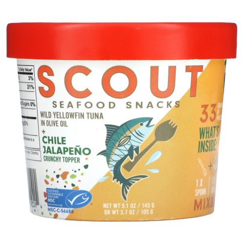 Scout, Снеки из морепродуктов, дикий желтоперый тунец в оливковом масле и хрустящий топпер с чили халапеньо, 145 г (5,1 унции)