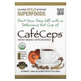 California Gold Nutrition, CafeCeps, сертифицированный органический растворимый кофе с кордицепсом и порошком грибов рейши, 30 пакетов, по 2,2 г каждый