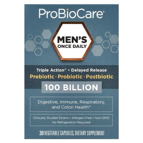 ProBioCare, Men's Once Daily, пребиотик, пробиотик, постбиотик, 100 млрд, 30 растительных капсул