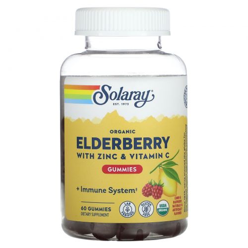 Solaray, Organic Elderberry Gummies With Zinc & Vitamin C, Natural Lemon & Raspberry, 60 Gummies
