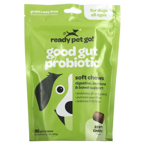 Ready Pet Go, Probiotic Tummy Treats, Digestive Treats For Dogs, All Ages, Cheese, 90 Soft Chews