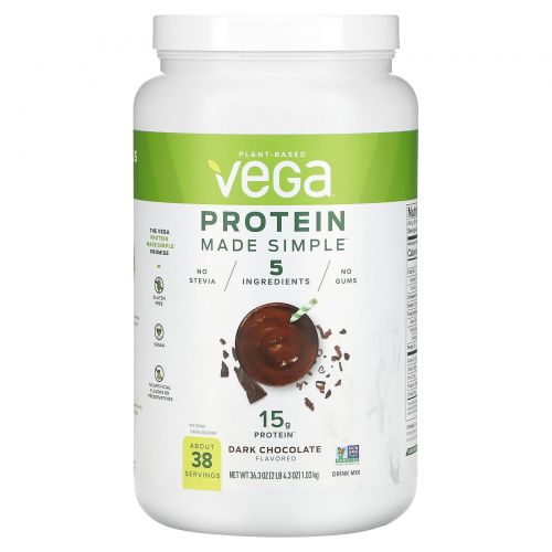 Vega, Plant-Based Protein Made Simple, темный шоколад, 1,03 кг (2 фунта)