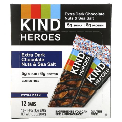 KIND Bars, Extra Dark Chocolate, Nuts & Sea Salt, 12 Bars, 1.4 oz (40 g) Each