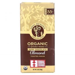 Equal Exchange, Органический темный шоколад, кусочки поджаренного миндаля, 2,8 унции (80 г)