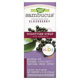 Nature's Way, Sambucus for Kids, стандартизованный сироп для улучшения ночного сна из ягод бузины с мелатонином для детей, 120 мл (4 жидк. унции)