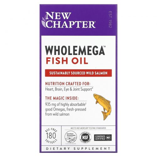 New Chapter, Wholemega, Extra-Virgin Wild Alaskan Salmon, Whole Fish Oil, 1,000 mg, 180 Softgels