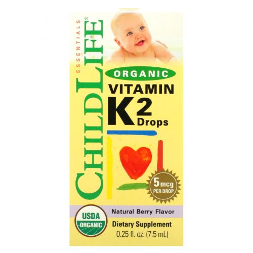 ChildLife, органический витамин K2 в каплях, натуральный ягодный вкус, 5 мкг, 7,5 мл (0,25 жидк. унции)