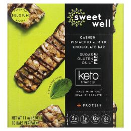 Sweetwell, Keto Bar, кешью, фисташки и молочный шоколад, 10 батончиков по 32 г (1,1 унции)