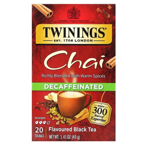 Twinings, Chai, без кофеина, 20 чайных пакетиков в индивидуальной упаковке, 40 г (1,41 унции)