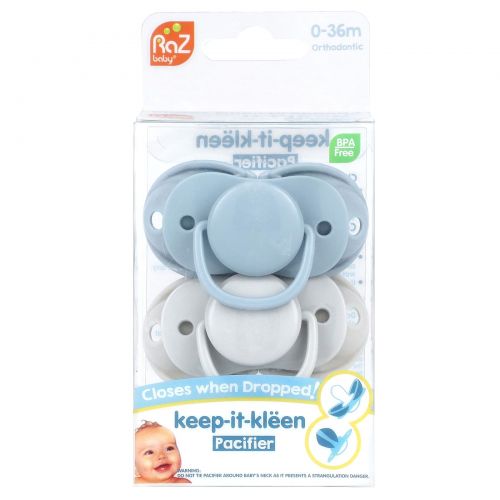 RaZbaby, Keep-It-Kleen, соска-пустышка, для детей 0–36 мес, синий и серый, 2 шт.