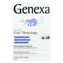 Genexa LLC, Kid's Sleepology, органическая добавка для нормализации ночного сна, вкус ванили и лаванды, для детей от 3 лет, 60 жевательных таблеток