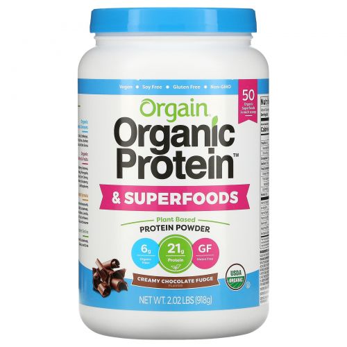 Orgain, Organic Protein & Superfoods Powder, Plant Based, Creamy Chocolate Fudge, 2.02 lbs (918 g)