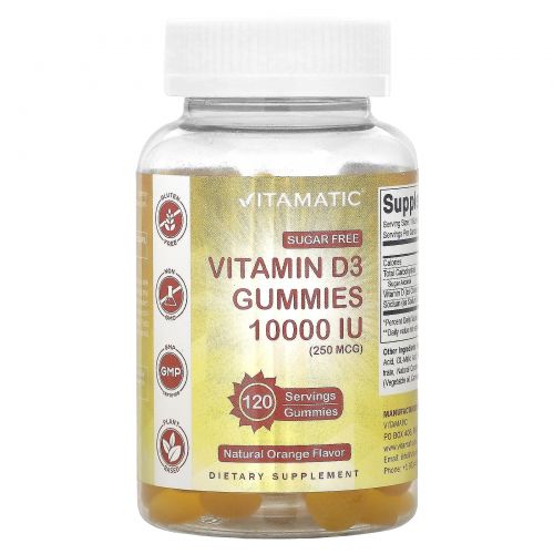 Vitamatic, Без сахара, витамин D3, апельсин, 250 мкг (10 000 МЕ), 120 жевательных таблеток