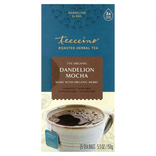 Teeccino, Жареный травяной чай, мокко из одуванчика, без кофеина, 25 чайных пакетиков, 150 г (5,3 унции)