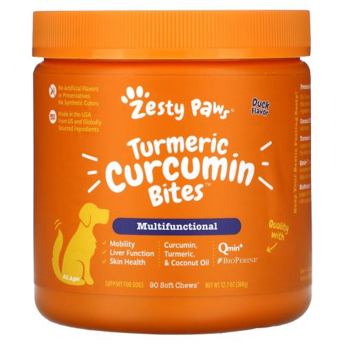 Zesty Paws, Turmeric, Curcumin Bites For Dogs, Joint & Immune Support, Duck Flavor, 90 Soft Chews