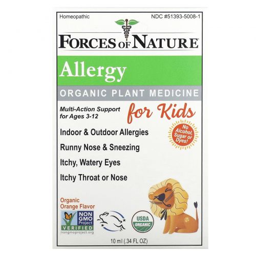 Forces of Nature, Allergy, органическое растительное средство, для детей от 3 до 12 лет, апельсин, 10 мл (0,34 жидк. Унции)